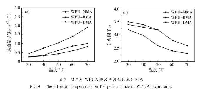 温度对 ＷＰＵＡ膜渗透汽化性能的影响