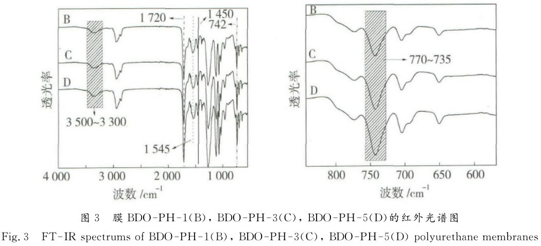  膜ＢＤＯ － ＰＨ － １ （ Ｂ ）， ＢＤＯ － ＰＨ － ３ （ Ｃ ）， ＢＤＯ － ＰＨ － ５ （ Ｄ ）的红外光谱图